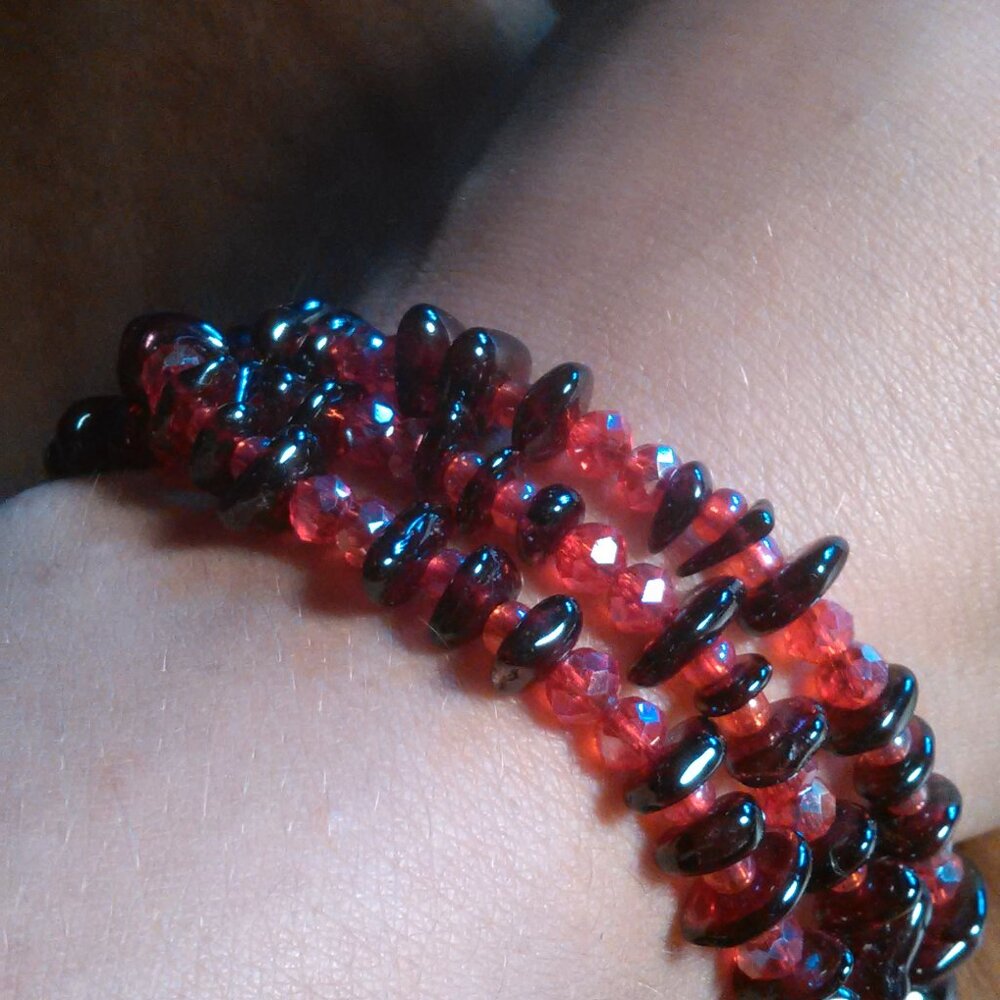 Indian Garnet and Seed Bead Triple Strand Magnetic Clasp Bracelet
